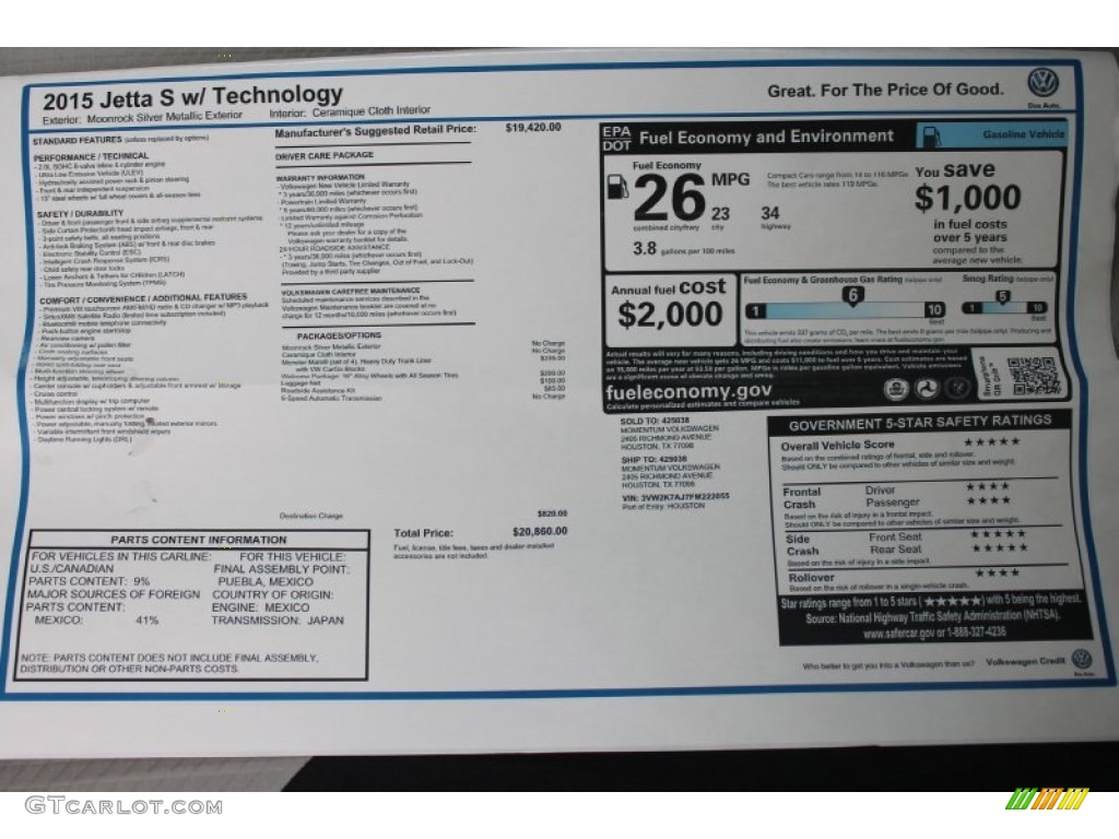 2015 Volkswagen Jetta S Sedan Window Sticker Photo #99070029