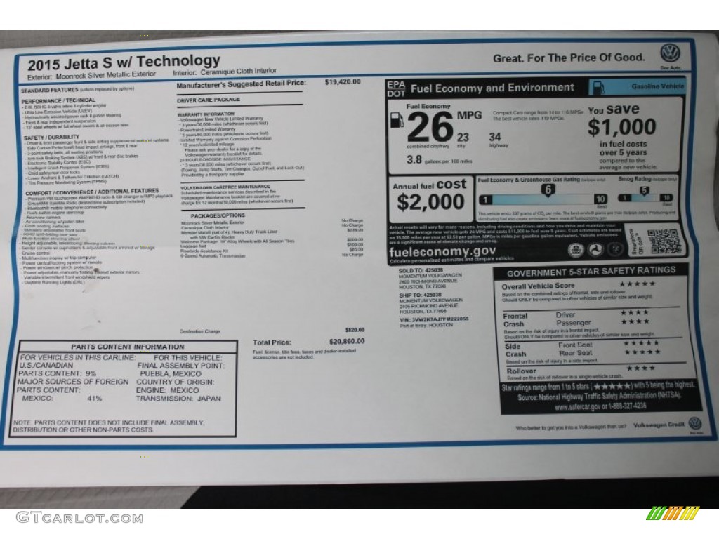 2015 Jetta S Sedan - Moonrock Silver Metallic / Ceramique/Titan Black photo #17