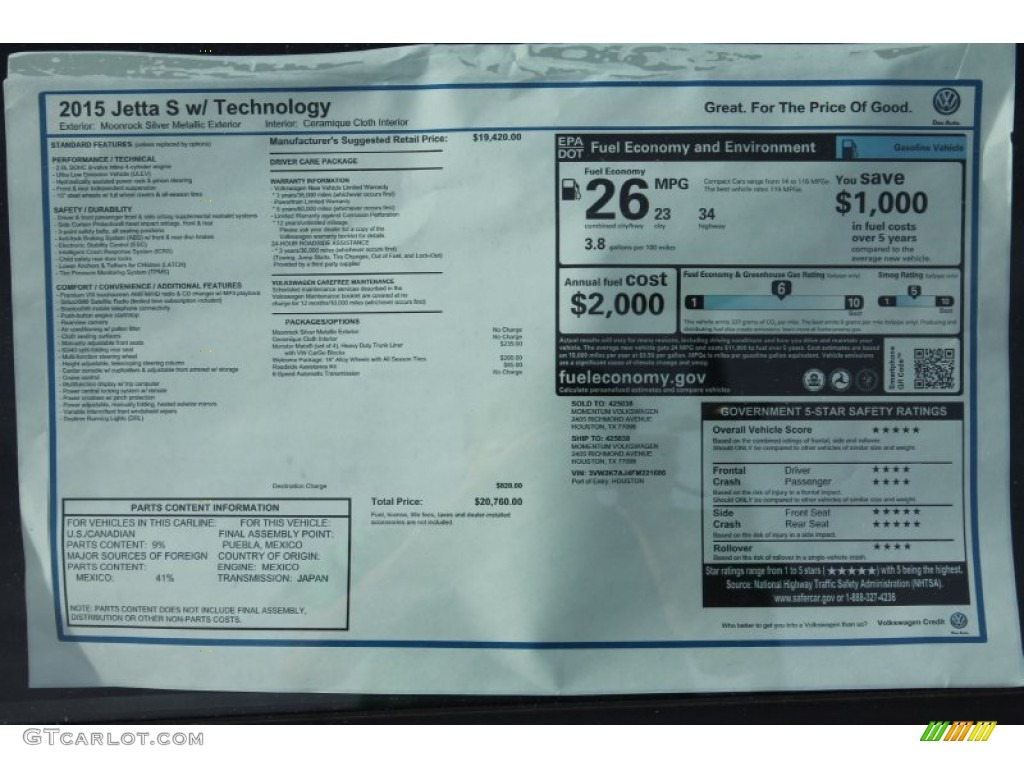 2015 Volkswagen Jetta S Sedan Window Sticker Photo #99070128