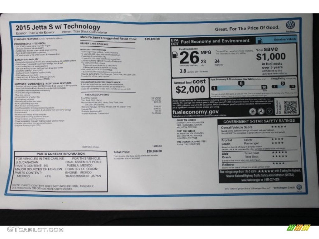 2015 Jetta S Sedan - Pure White / Titan Black photo #17