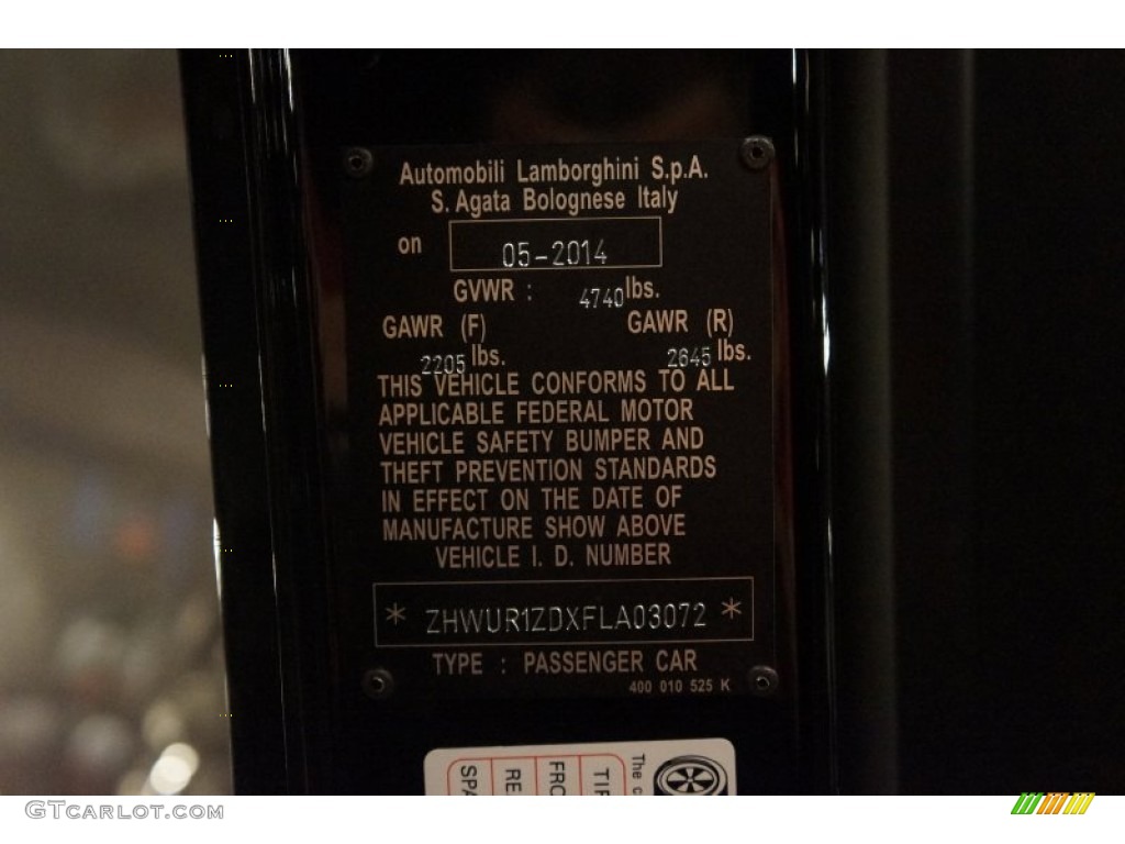 2015 Lamborghini Aventador LP 700-4 Roadster Info Tag Photo #99082989