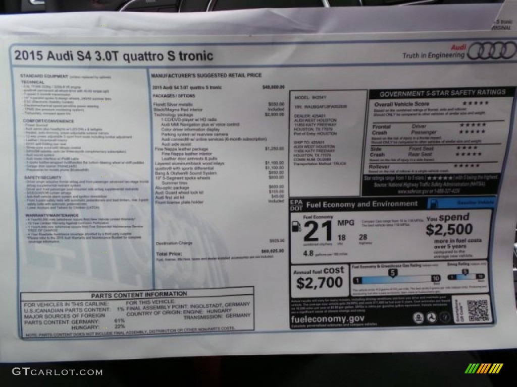 2015 Audi S4 Premium Plus 3.0 TFSI quattro Window Sticker Photo #99091935