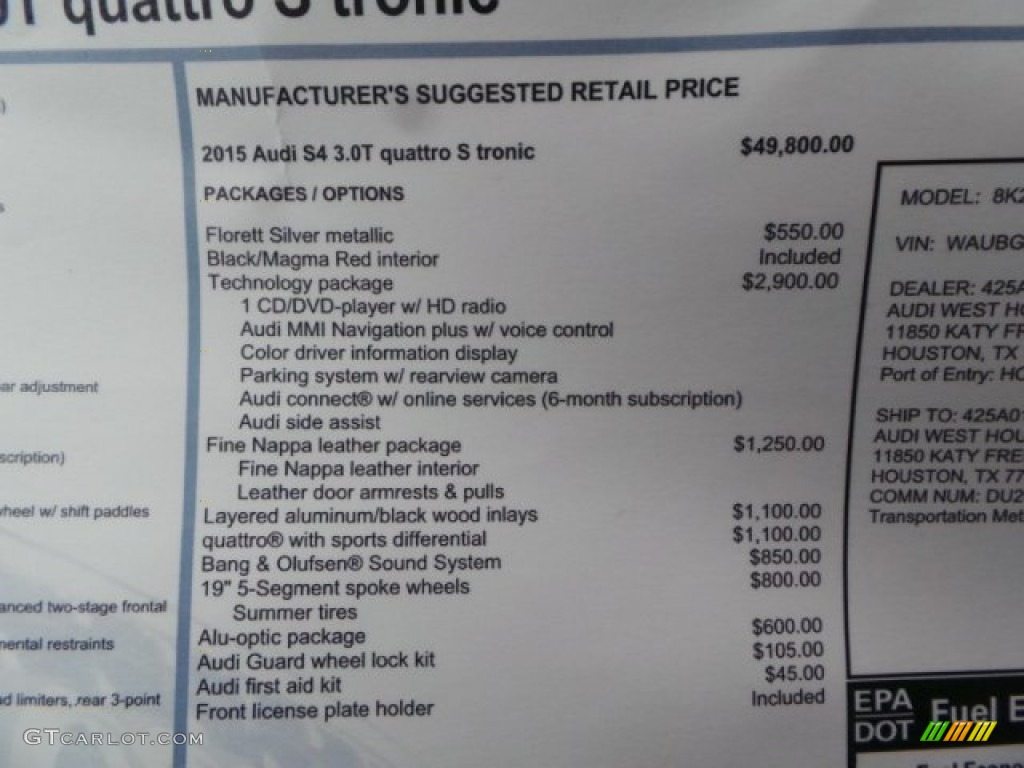 2015 Audi S4 Premium Plus 3.0 TFSI quattro Window Sticker Photo #99091962