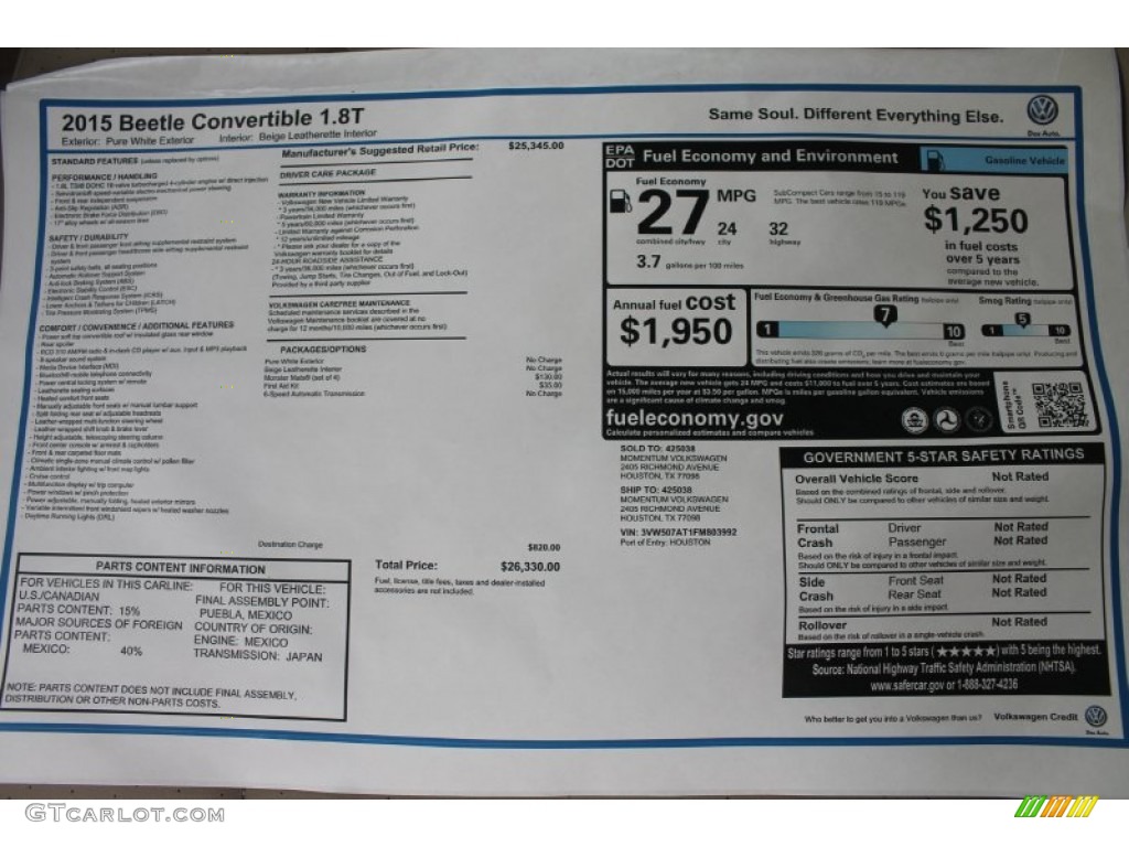 2015 Volkswagen Beetle 1.8T Convertible Window Sticker Photo #99110770