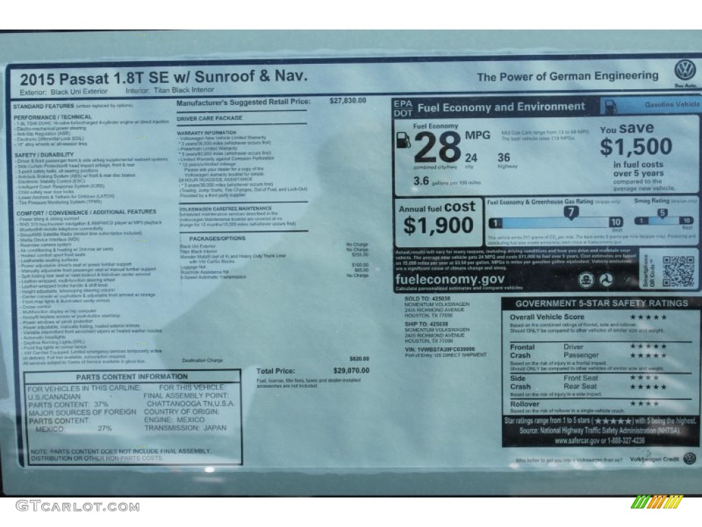 2015 Volkswagen Passat SE Sedan Window Sticker Photos