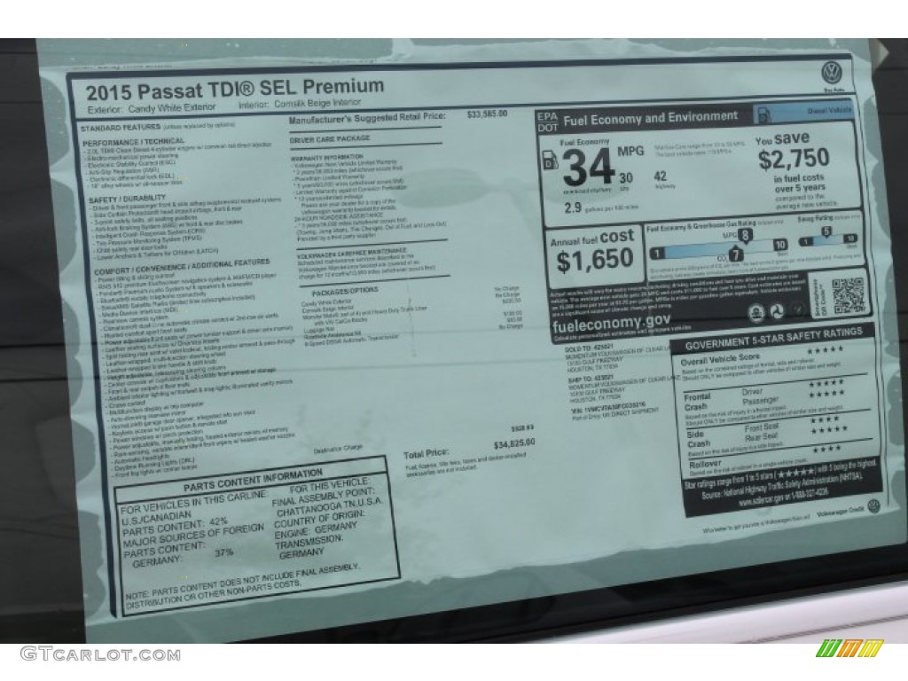 2015 Volkswagen Passat TDI SEL Premium Sedan Window Sticker Photo #99124207