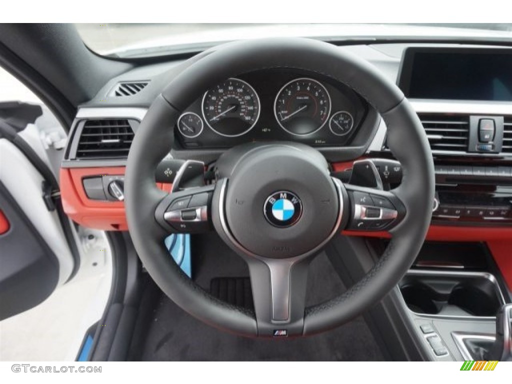 2015 BMW 4 Series 428i Gran Coupe Coral Red/Black Highlight Steering Wheel Photo #99170944