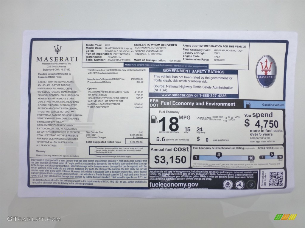 2015 Maserati Quattroporte S Q4 AWD Window Sticker Photo #99172315