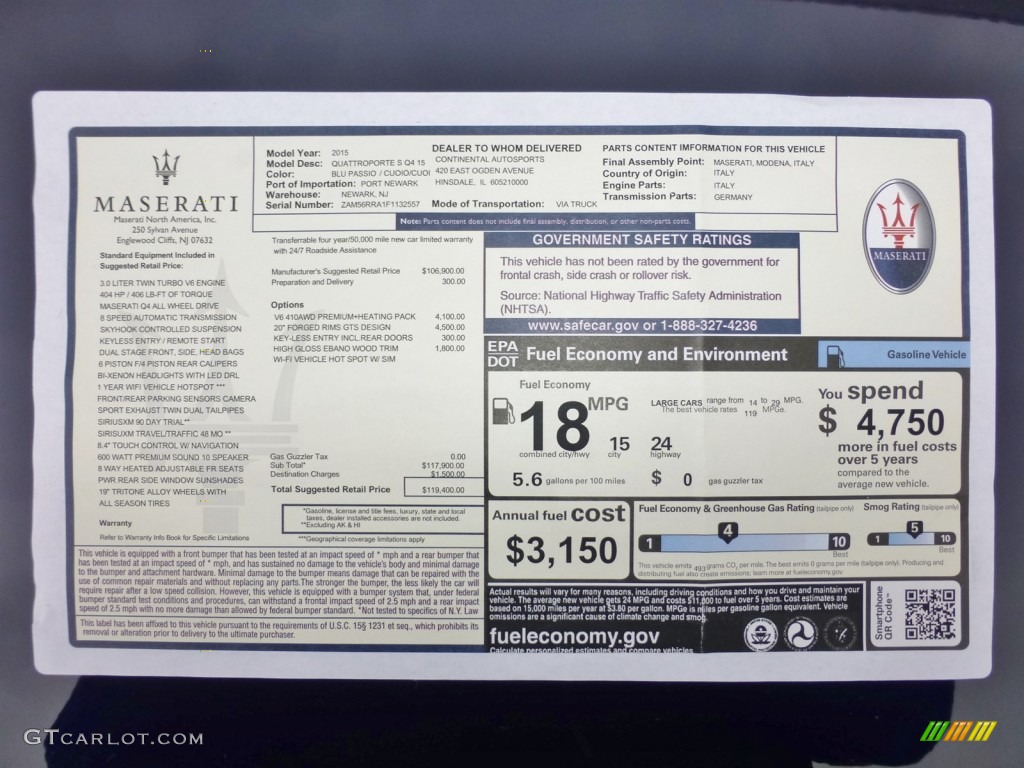 2015 Maserati Quattroporte S Q4 AWD Window Sticker Photo #99172408