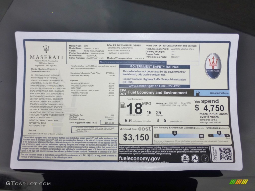 2015 Maserati Ghibli S Q4 Window Sticker Photo #99172801