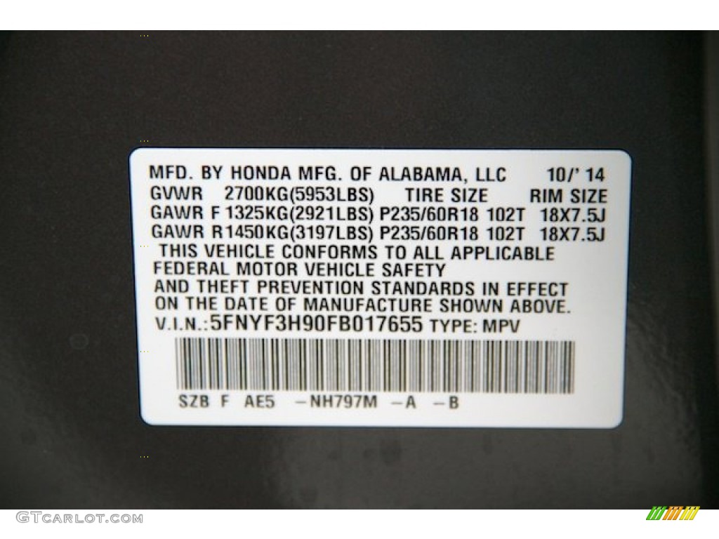 2015 Pilot Touring - Modern Steel Metallic / Black photo #25