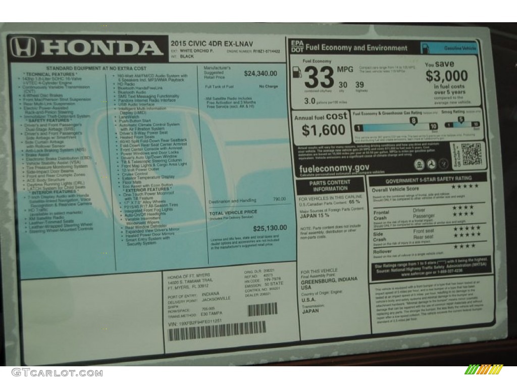 2015 Honda Civic EX-L Sedan Window Sticker Photo #99178777