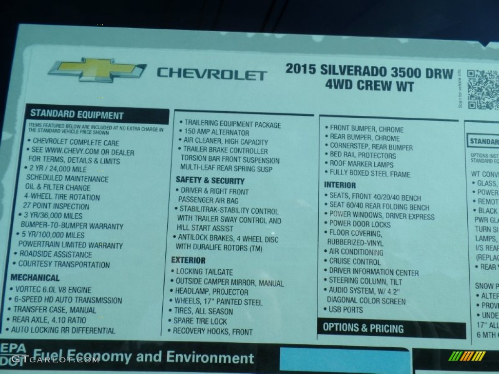 2015 Chevrolet Silverado 3500HD WT Crew Cab Dual Rear Wheel 4x4 Window Sticker Photo #99284224
