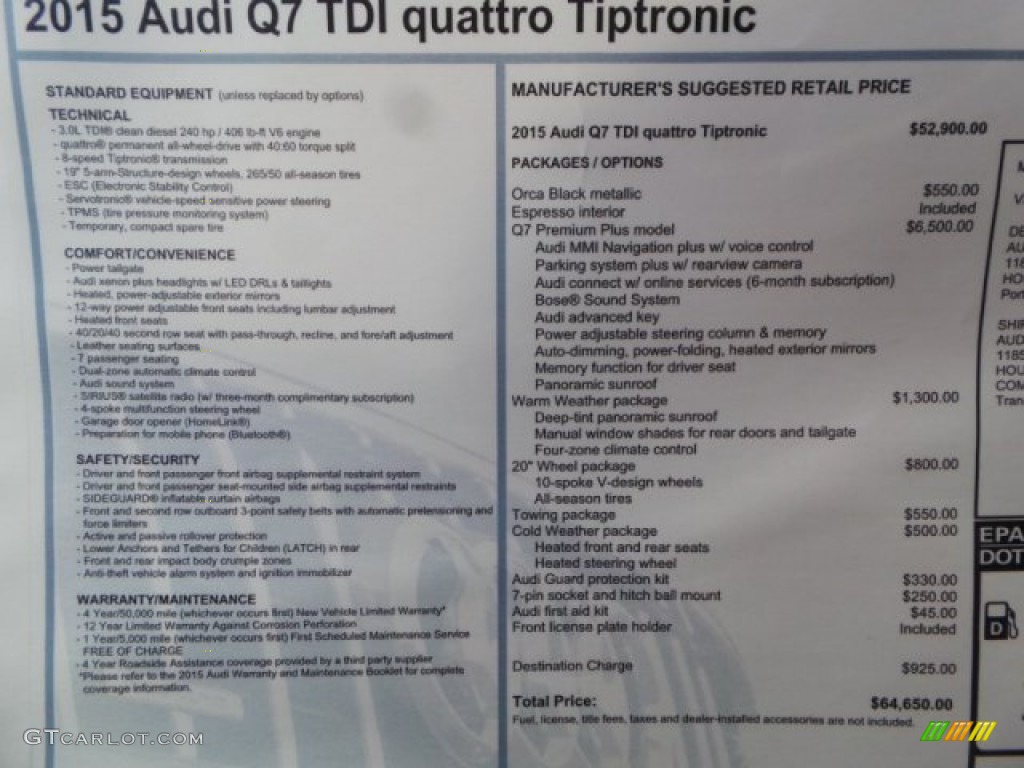 2015 Audi Q7 3.0 TDI Premium Plus quattro Window Sticker Photo #99333010