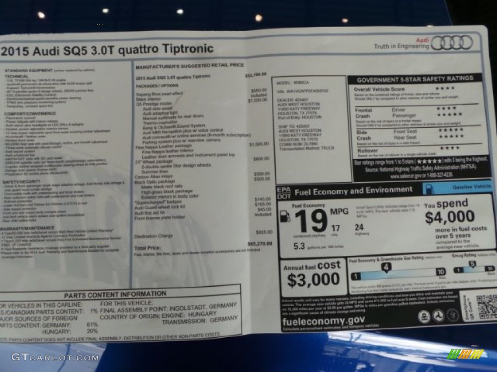 2015 Audi SQ5 Prestige 3.0 TFSI quattro Window Sticker Photo #99333718