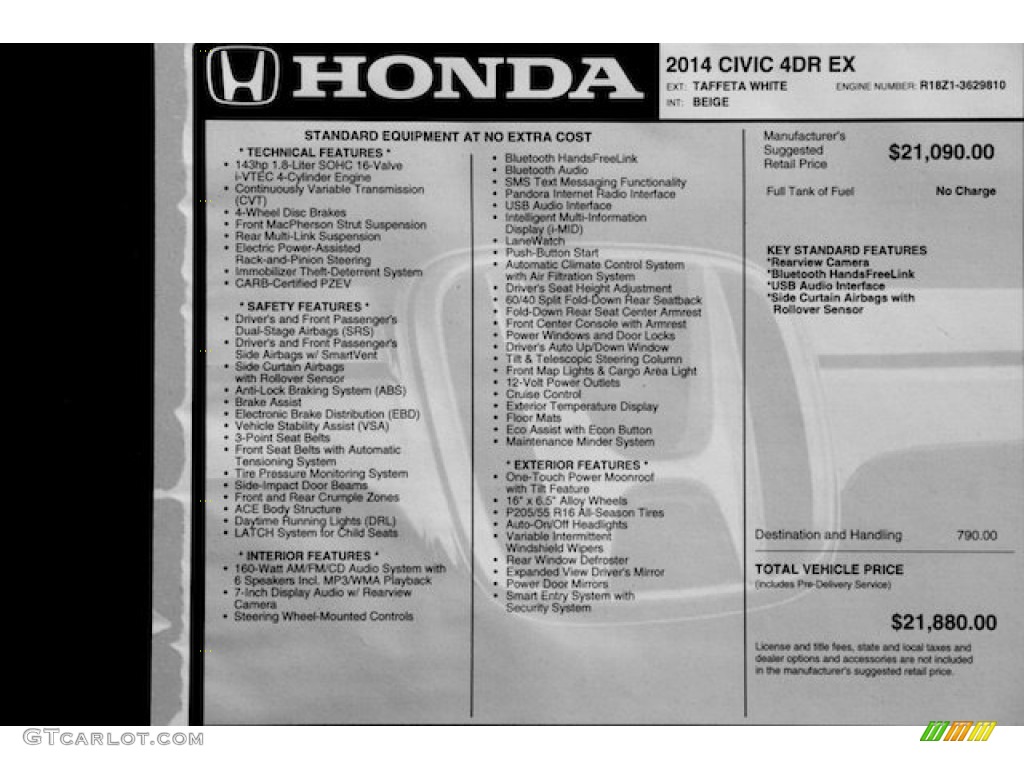 2014 Civic EX Sedan - Taffeta White / Beige photo #22