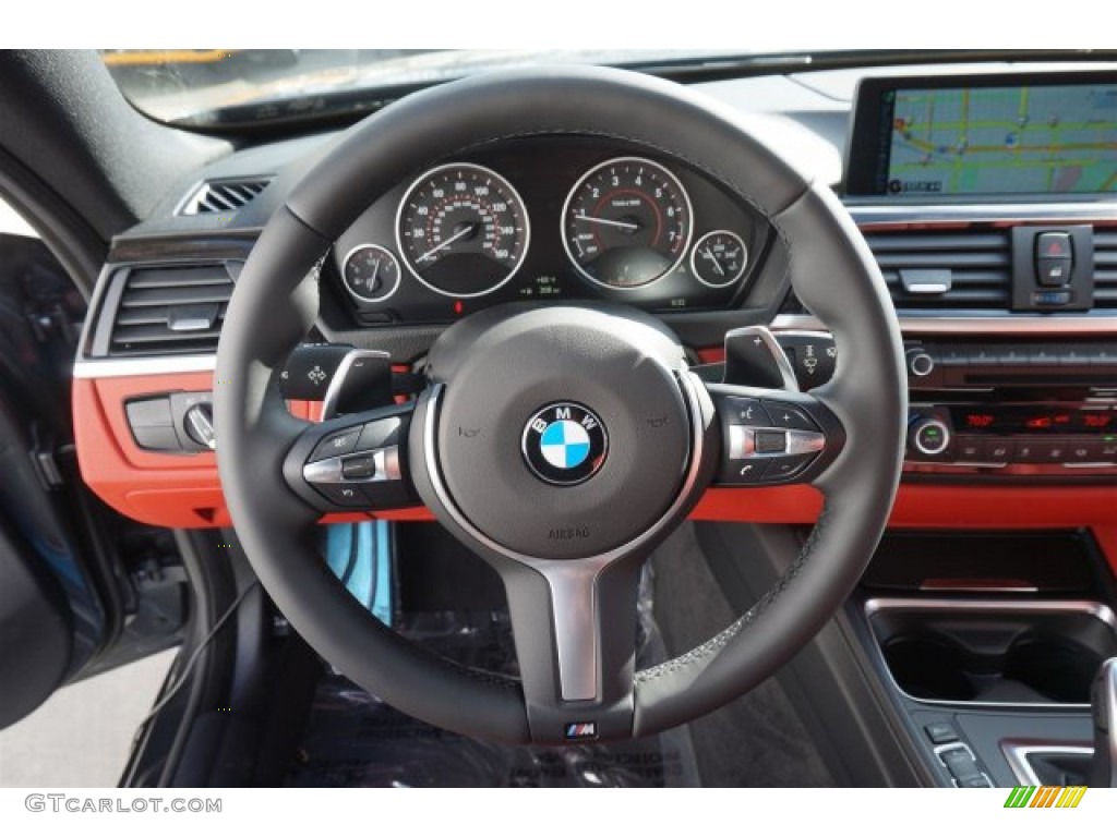 2015 BMW 4 Series 428i Gran Coupe Coral Red/Black Highlight Steering Wheel Photo #99409235