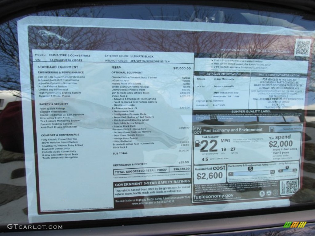 2015 Jaguar F-TYPE S Convertible Window Sticker Photo #99429118