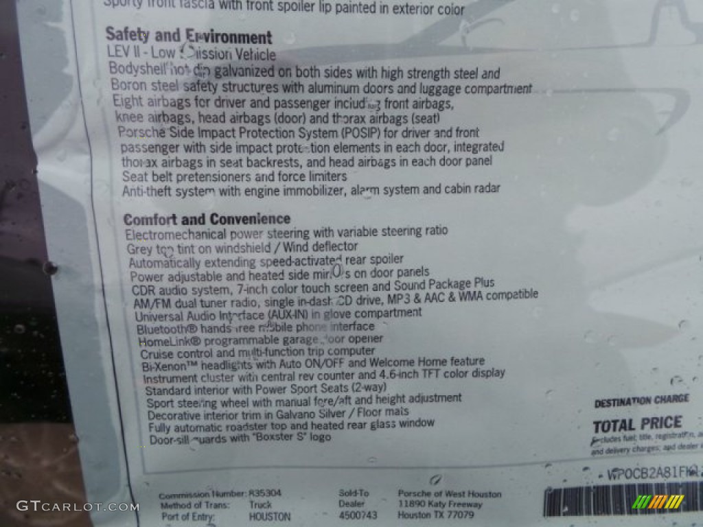 2015 Porsche Boxster S Window Sticker Photo #99449125