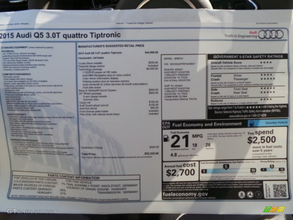 2015 Audi Q5 3.0 TFSI Premium Plus quattro Window Sticker Photo #99454798