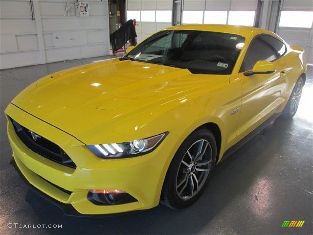Triple Yellow Tricoat 2015 Ford Mustang GT Premium Coupe Exterior Photo #99465750