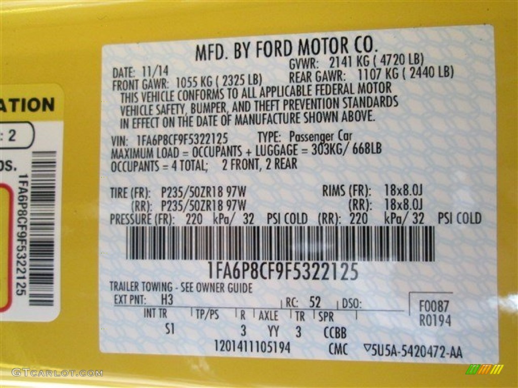 2015 Mustang Color Code H3 for Triple Yellow Tricoat Photo #99466045