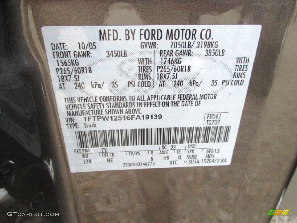 2006 Ford F150 XLT SuperCrew Color Code Photos