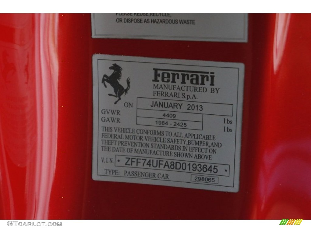 2013 Ferrari F12berlinetta Standard F12berlinetta Model Info Tag Photo #99604872