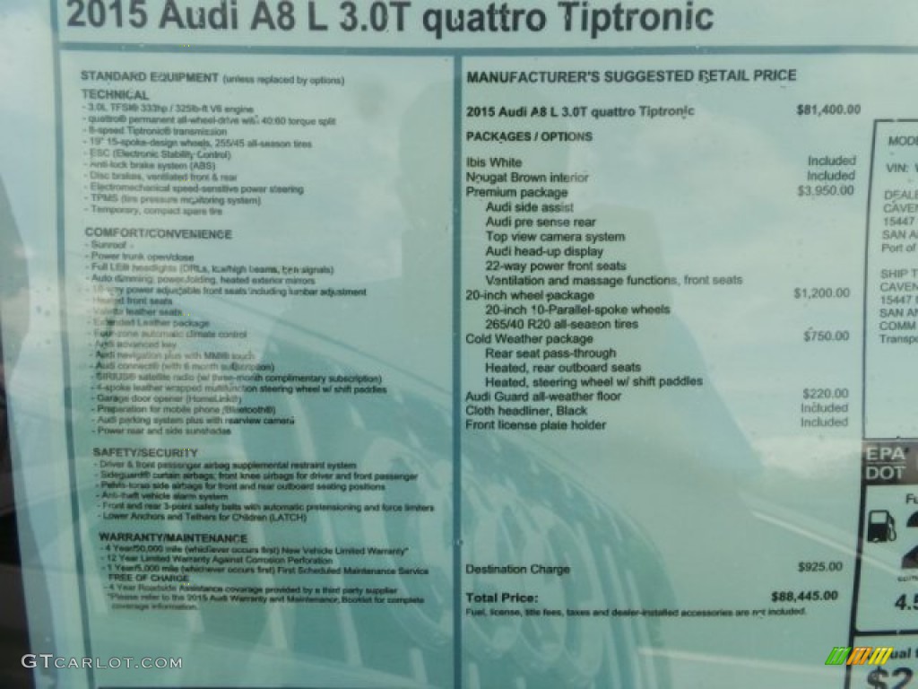 2015 Audi A8 L 3.0T quattro Window Sticker Photos