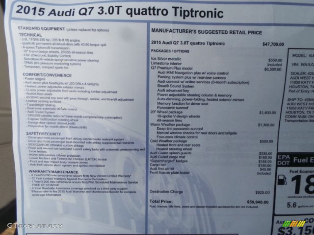 2015 Audi Q7 3.0 Premium Plus quattro Window Sticker Photo #99727729