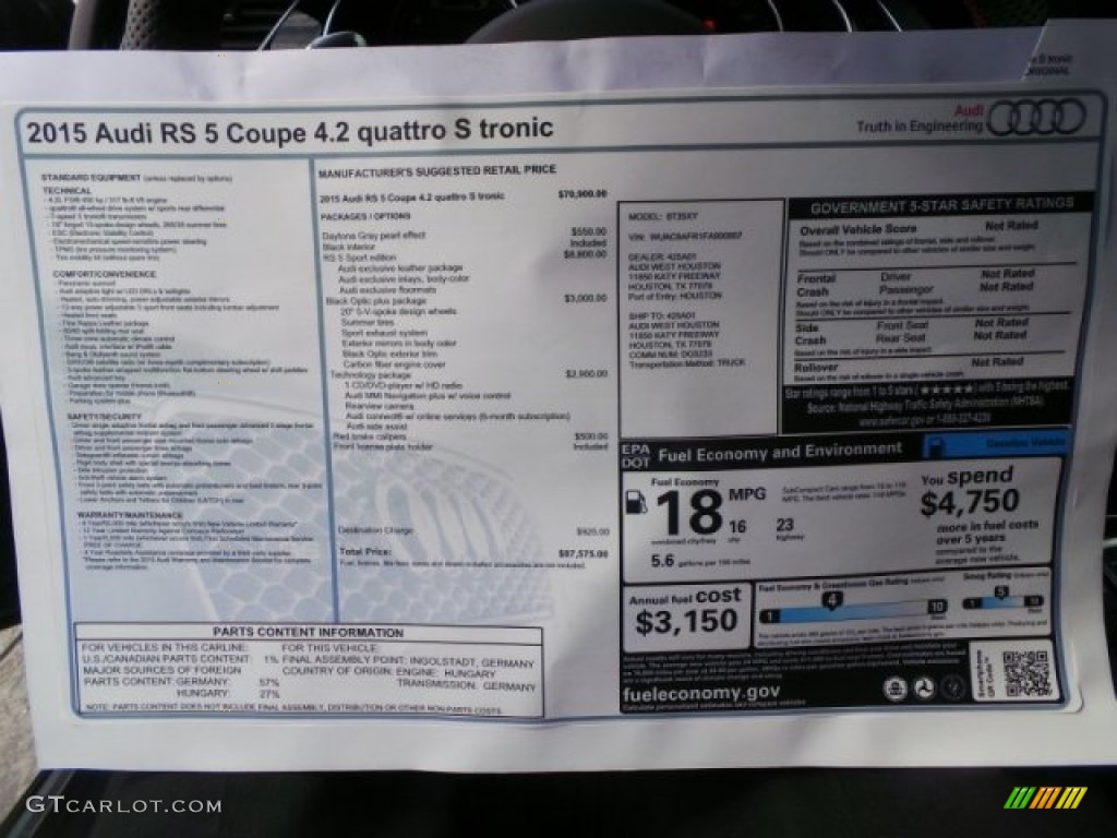 2015 Audi RS 5 Coupe quattro Window Sticker Photo #99729493