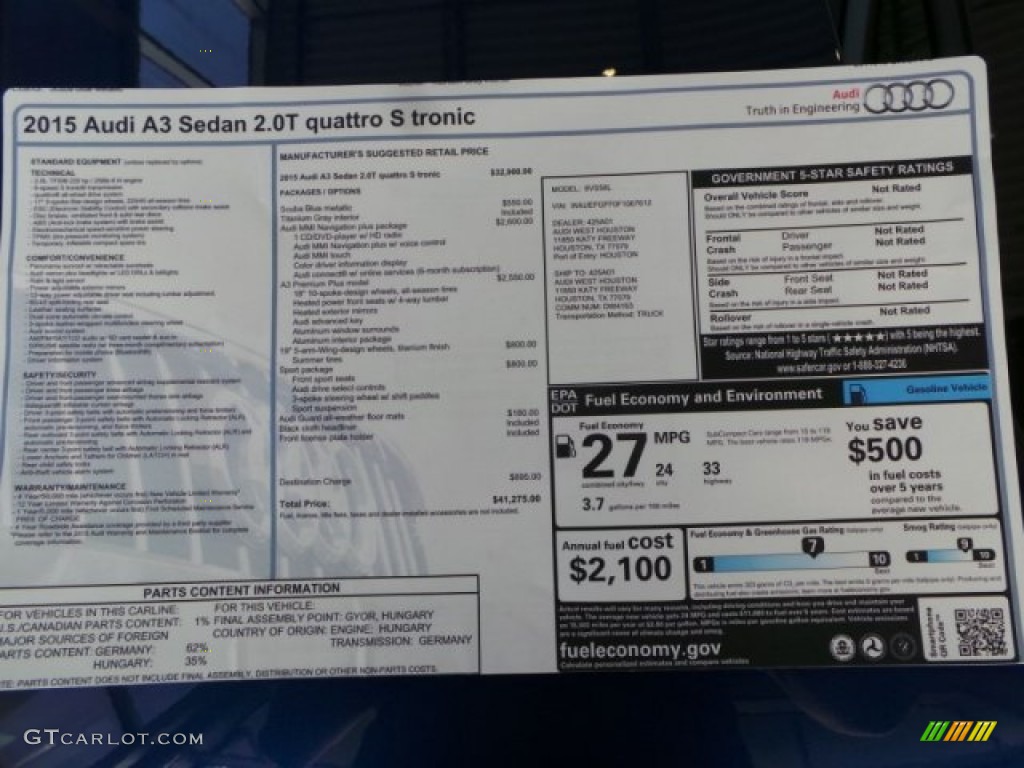 2015 Audi A3 2.0 Premium Plus quattro Window Sticker Photo #99730648