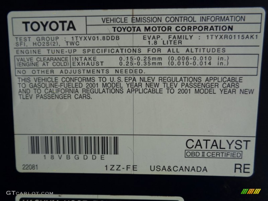 2001 Toyota Celica GT Info Tag Photo #99776081