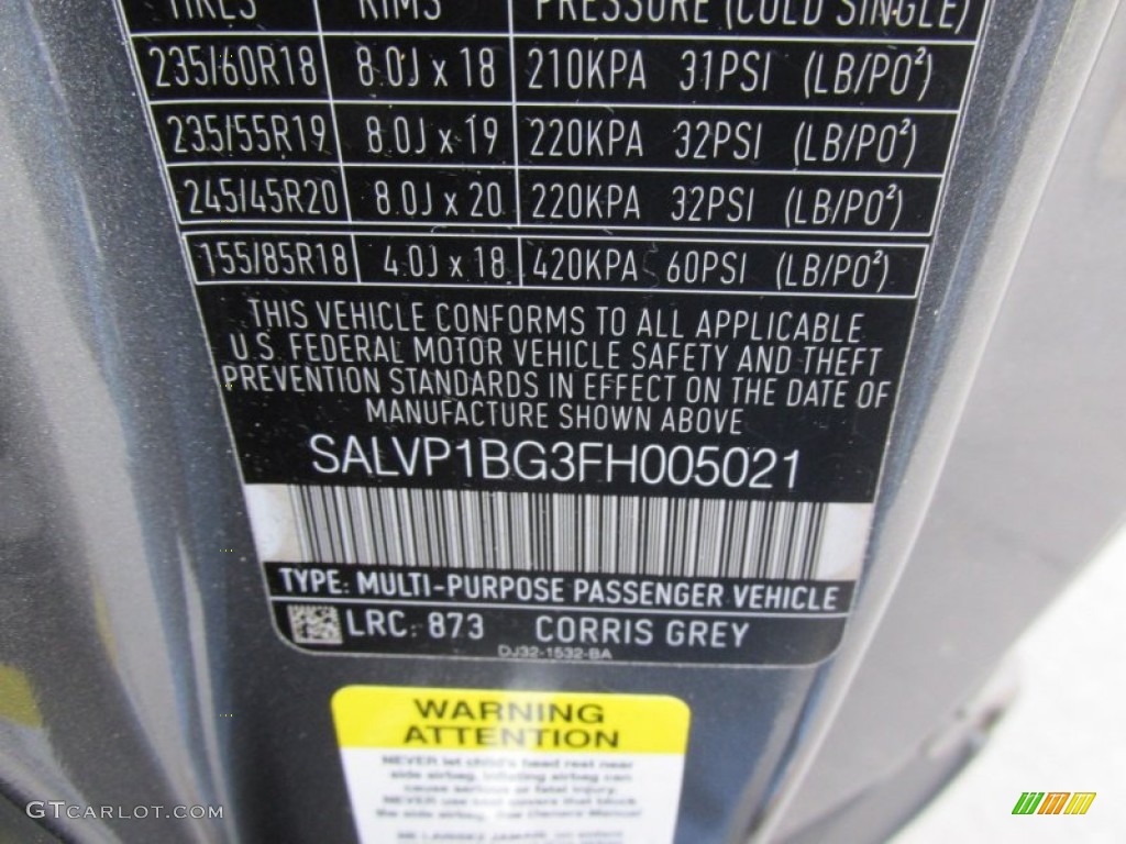 2015 Range Rover Evoque Color Code 873 for Corris Grey Metallic Photo #99834462