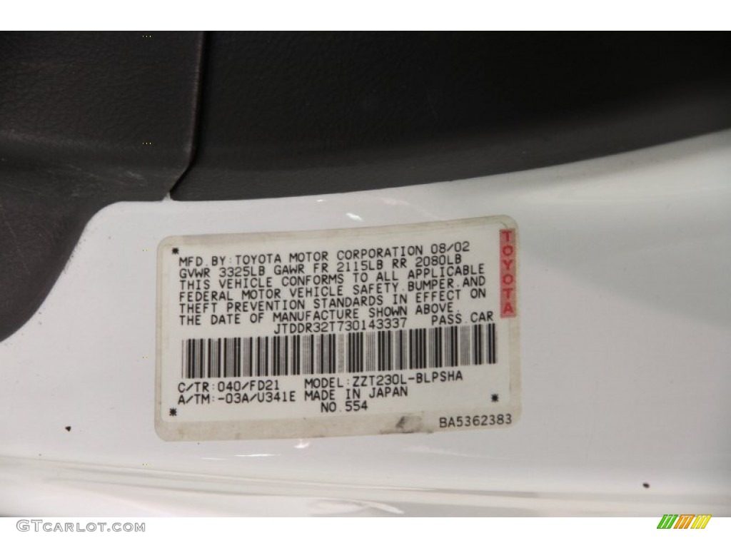 2003 Celica Color Code 040 for Super White Photo #99855217