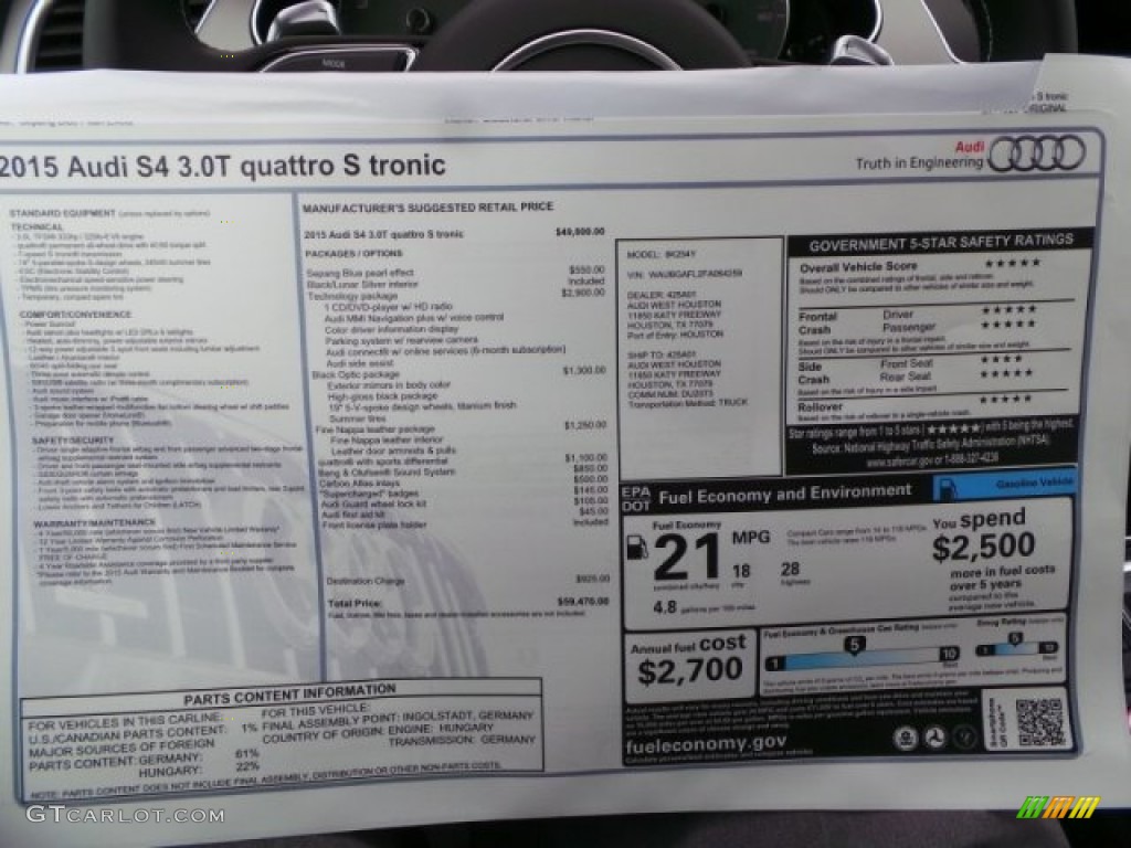 2015 Audi S4 Premium Plus 3.0 TFSI quattro Window Sticker Photo #99898404