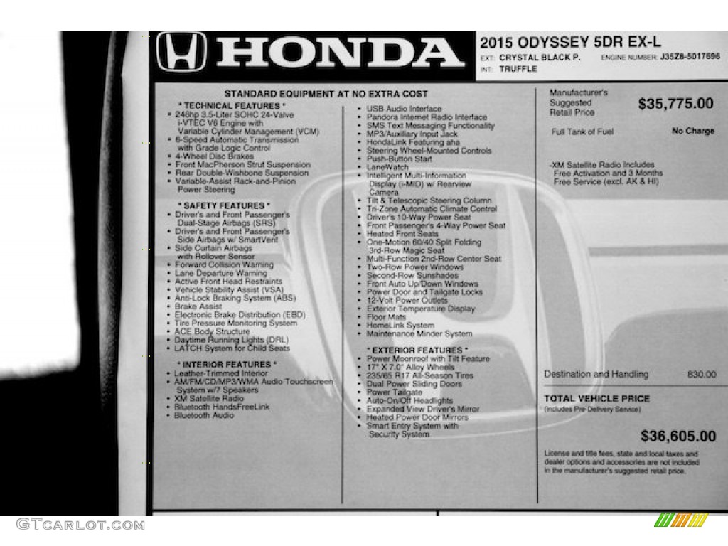 2015 Honda Odyssey EX-L Window Sticker Photo #99908434